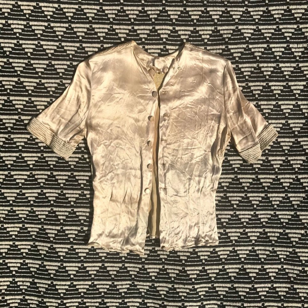 vintage champagne satin button blouse cardigan - Picture 8 of 16